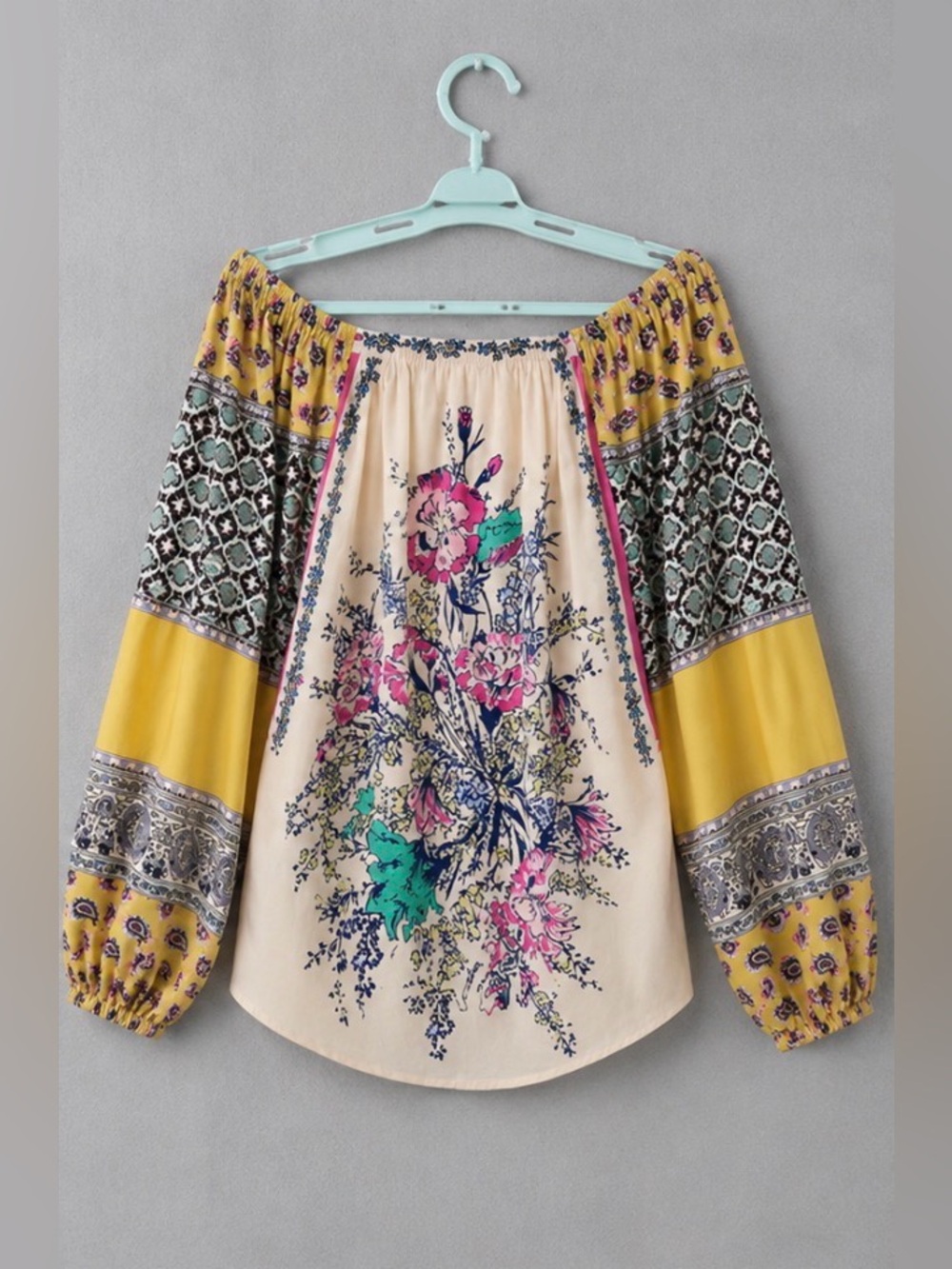 Free People Positano Printed Blouse Sz XS Peach Floral Off Shoulder Boho Y2K - Picture 10 of 15